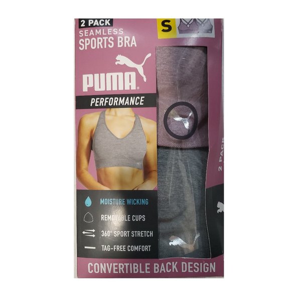 PUMA Sports Bra Seamless Strappy Back, Removable Cups, Tag Free (2 Pack) :  : Clothing, Shoes & Accessories